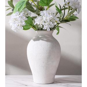 Ceramic Flower Vase Home Decor, 9 in Farmhouse Table Vase Rustic Vintage Living Room Kitchen Bedroom Pottery Decorative Vases for Flowers House Shelf Office Coffee Desk Dining Entryway Decor, White