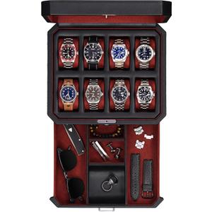 ROTHWELL 8 Slot Leather Watch Box with Valet Drawer - Luxury Case Display Jewelry Organizer, Locking Display Case Holder, Real Glass Top - Watch Box Organizer for Men & Women (Black/Red)