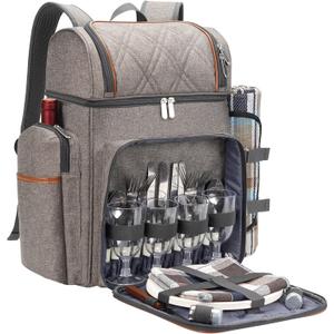 Picnic Backpack for 4, Picnic Basket Set, Leakproof Picnic Bag, Beach Cooler Backpack with Insulated Cooler Pouch, Picnic Blanket, Double Deck Picnic Backpack for Beach, Camping, Park(Brushed Khaki)