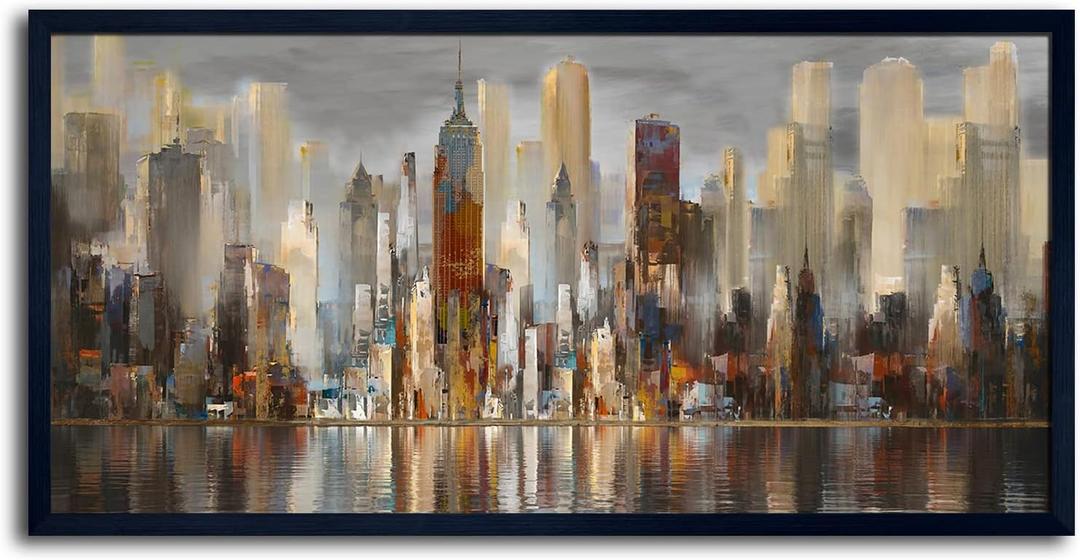 Framed Wall Art Large Cityscape New York Wall Decor Canvas Prints Abstract Brown City Theme Paintings Modern Canvas Wall Art for Living Room Bedroom Big Size 29"x58" Black Framed