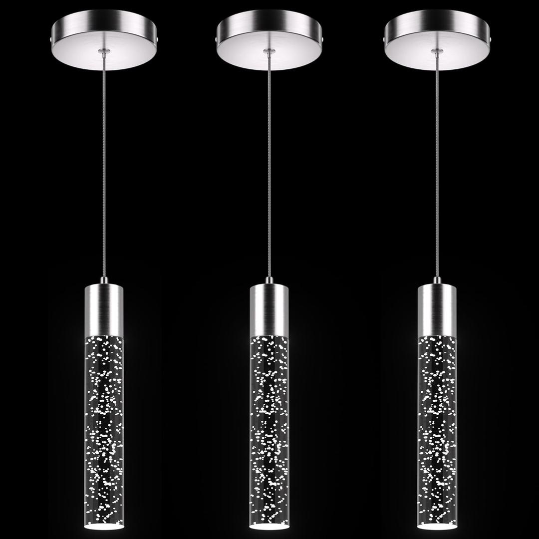 Pendant Lights Kitchen Island, 6500K Modern Kitchen Island Lights Brushed Nickel, 3 Pack Ceiling Lighting Fixtures with Crystal Bubble, Integrated LED Hanging Light for Dining Room Restaurant