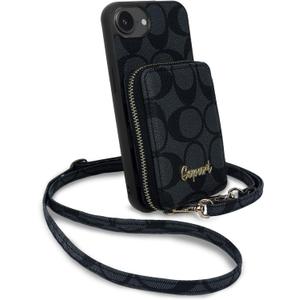 Designer Crossbody Phone Case for iPhone 16ePU Leather Zipper Wallet Case with Card Holder Kickstand Folio Case Adjustable Removable Lanyard Strap for iPhone 16e 6.1inch Black