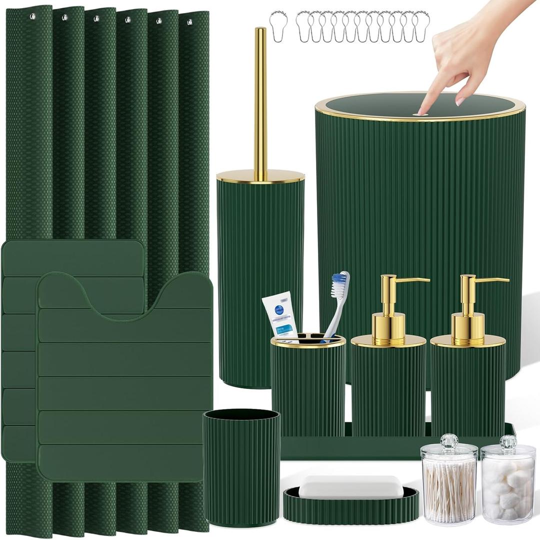 Dark Green Bathroom Accessories Set - Bathroom Sets, 25PC Bath Accessory Set, Bathroom Sets with Push Top Trash Can, Shower Curtain and Rugs, Toilet Brush, Trash Can & Soap Dispenser
