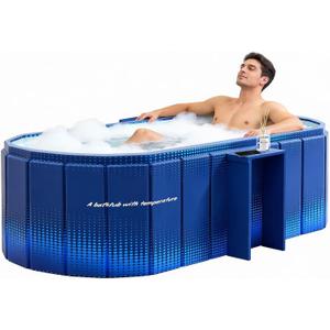 Portable Bathtub, Foldable Bathtub w/Side Rack, 59x21.6x19.6", Blue | Inflatable Bathtub Free Standing Tub with 2 Drain Ports, Space Saving, Hot Tub, Ice Bath Tub, Indoor Outdoor