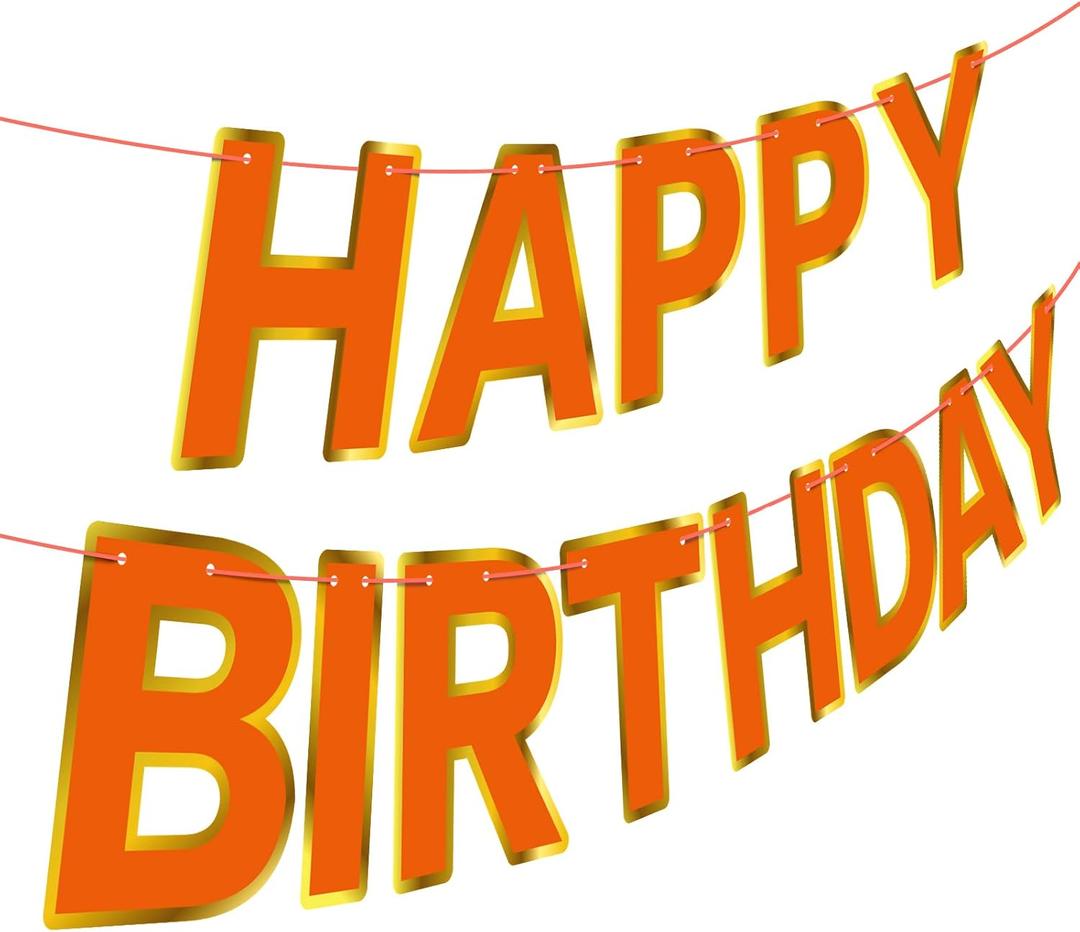 Orange Happy Birthday Banner Sign, Golden Border Happy Birthday Bunting Banner Flag Garland for Kids Boys Baby Birthday Party Decorations Supplies