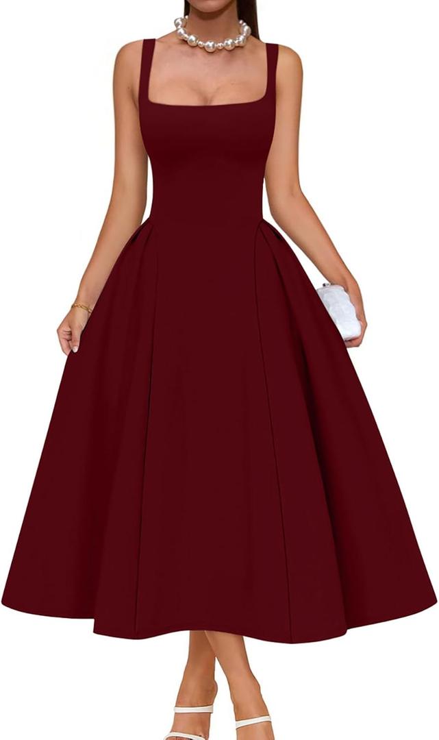 Memoriesea Women's Elegant Square Neck Swing A Line Wedding Evening Party Midi Dress (Burgundy, XL)