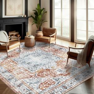 Area Rug 9x12 Washable Tangerine Vintage Traditional Mat Distressed Indoor Foldable Thin Retro Accent Floral Non Slip Carpet for Living Room Dining Room Office (Earthy Yellow)