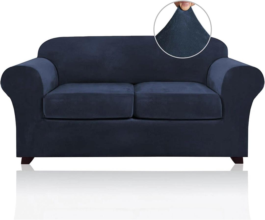 PrinceDeco Velvet Couch Cover Loveseat Covers for 2 Cushion Couch 3 Piece Sofa Covers for Dogs Washable Loveseat Covers Width Up to 72 Inch No Slip Stretch Sofa Slipcover(Medium, Navy)