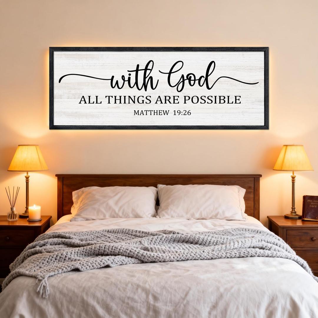 With God All Things are Possible Framed Wall Art, 40''15'' Black Positive Religious Rustic Bible Verse for Christian God Jesus Christ Prayer, Holy Horizontal Inspirational Catholic Scripture Decor