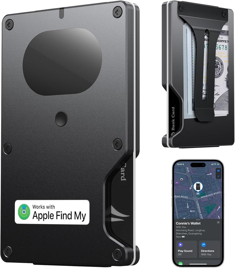 Slim Wallet for Men, Air Wallet Build in Airtag Chip, Smart Wallet Compatible with Apple Find My iOS Only, Minimalist Front Pocket Wallet RFID-Blocking Card Holder with Money Clip (Black)