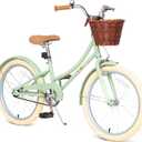Retro Design Girls Bike with Basket and Coaster Brake for 3-13 Years Old Kids, 14 16 18 Inch Cruiser Bicycle for Toddlers with Training Wheels, 20 24 26 Inch with Kickstand, Multiple Colors (Green)