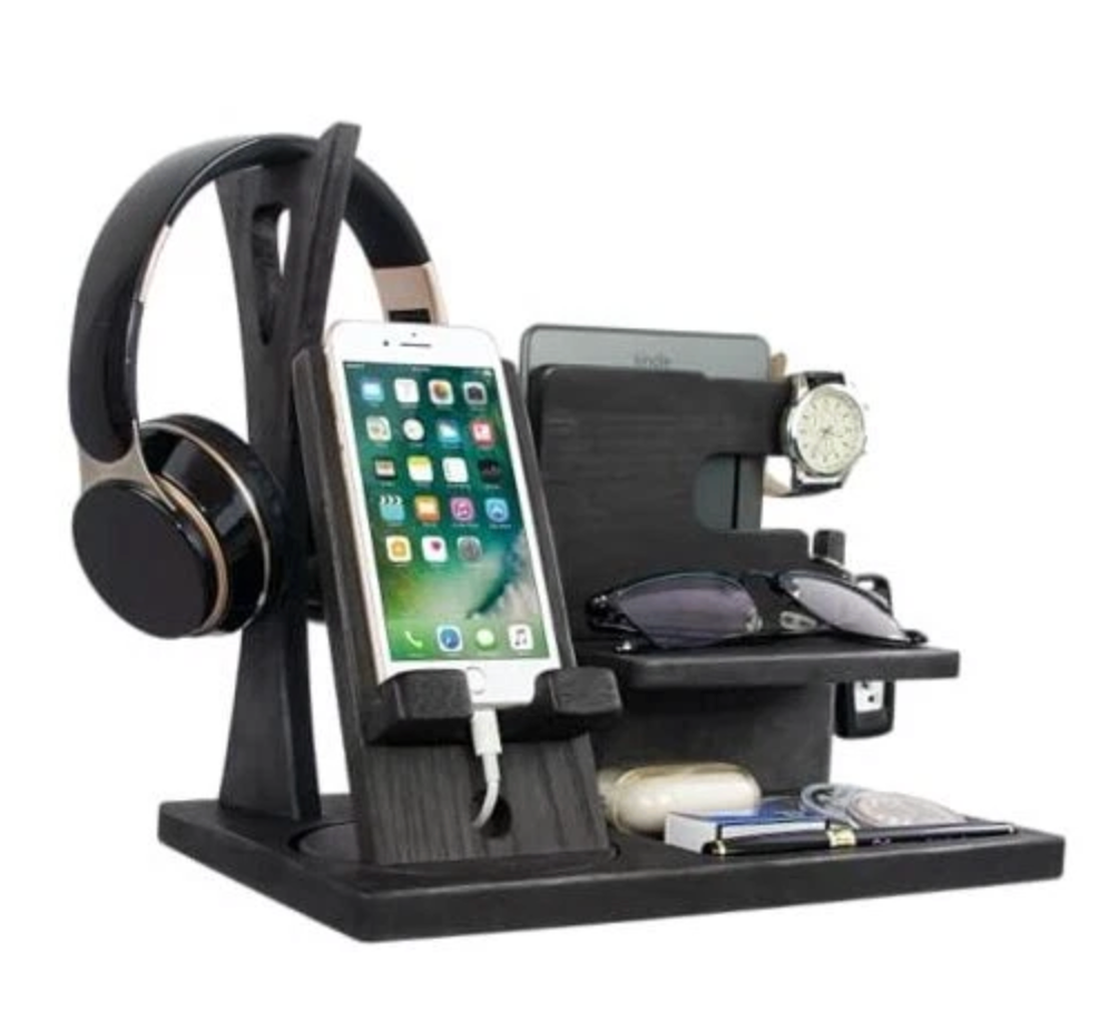 Gift for Men Nightstand Organizer with Headphone Stand & Rotating Phone Stand, Stylish Headphone Holder to Keep Desk Accessories for Men Organized, Unique Dad Birthday Gift, Gifts for Boyfriend