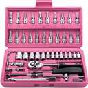 Egofine 46 Pieces 1/4 inch Drive Socket Ratchet Wrench Set, with Bit Socket Set Metric and Extension Bar for Auto Repairing and Household, with Pink Storage Case