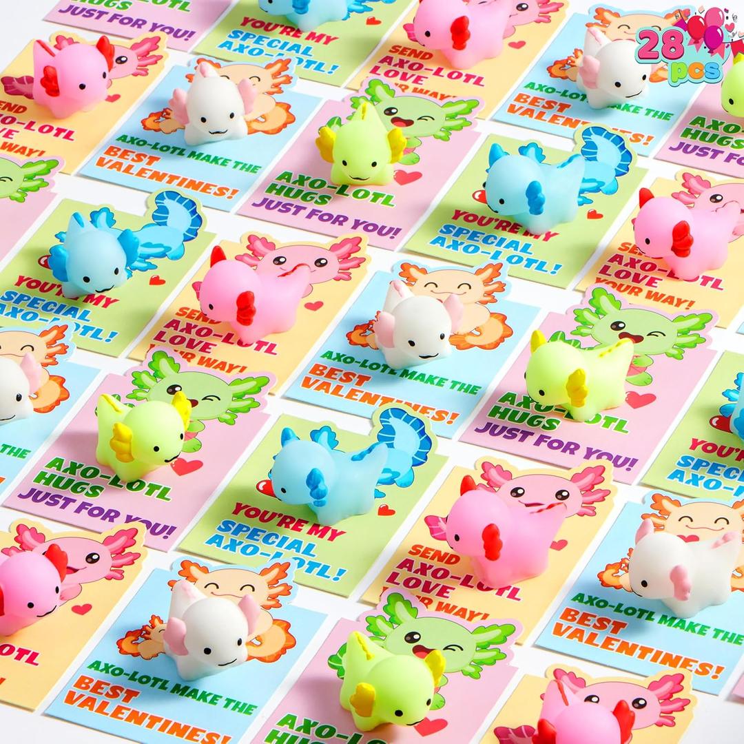 JOYIN 28 Packs Valentines Day Gifts for Kids, Axolotl Mochi Squishy Toy with Funny Valentines Day Cards for Kids School Classroom Exchange Prizes, Stress Relief Fidget Toy for Valentine Party Favor