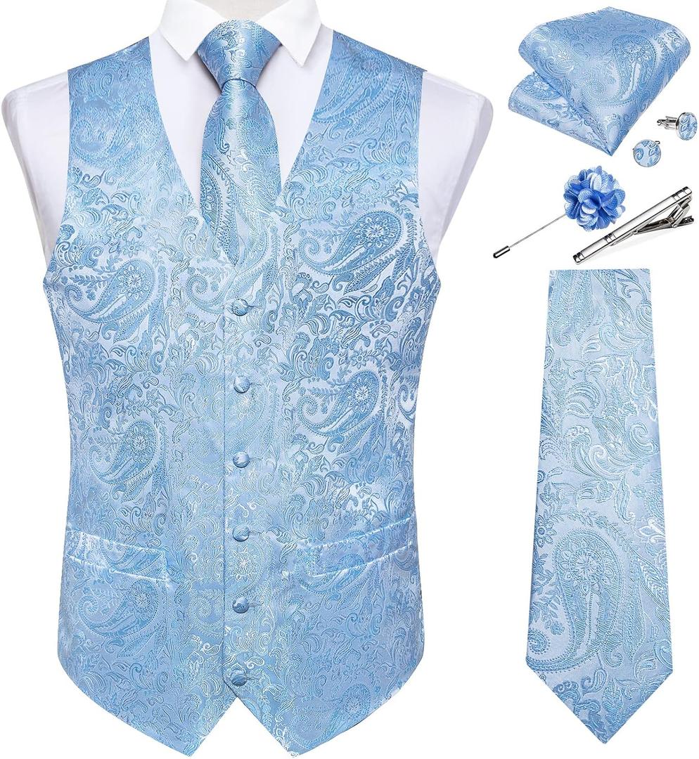 DiBanGu Mens Paisley Vest Tie Set with Lapel Pin Tie Clip 7PCS Silk V-Neck Suit Waistcoat and Necktie for Tuxedo Wedding (Blue, S)