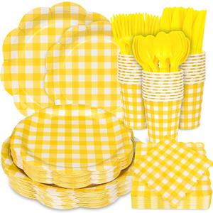 175 Pcs Yellow Gingham Plates and Napkins Party Supplies-Yellow and White Scalloped Paper Plates Disposable Plaid Cocktail Napkin Checkered Dinner Party Set for Wedding Baby ShowerServe 25 Guest
