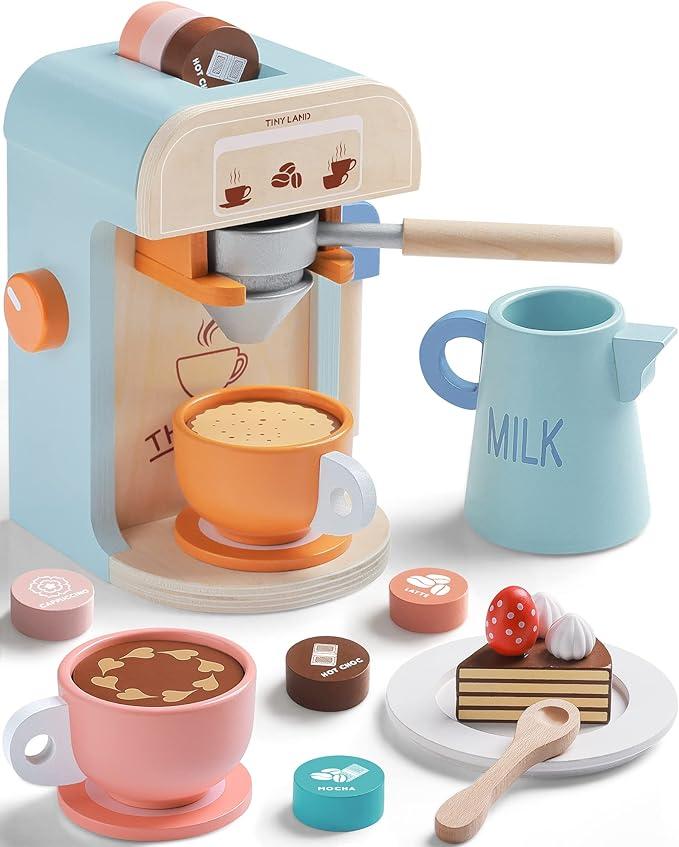 Tiny Land Kids Coffee Maker Wooden Kitchen Toys  17Pcs Toy Coffee Maker Playset  Wooden Play Toys, Play Kitchen Accessories for Girls & Boys