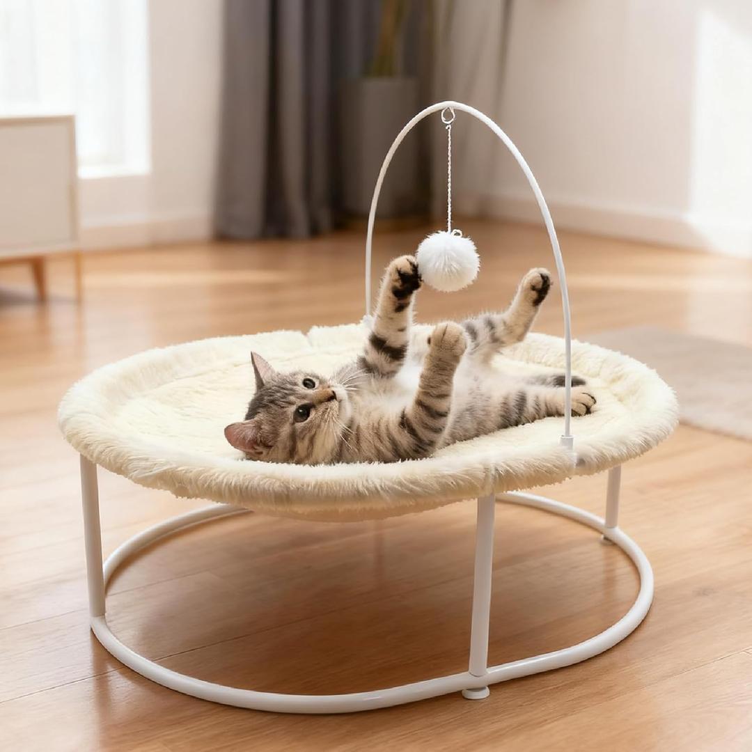Elevated Cat Hammock Bed - 66LBS Weight Capacity Cat Bed for Large Indoor Cats & Small Dogs, All-Season Plush & Breathable Mesh Mat, Raised Pet Supplies with Sturdy Metal Frame, Cream White