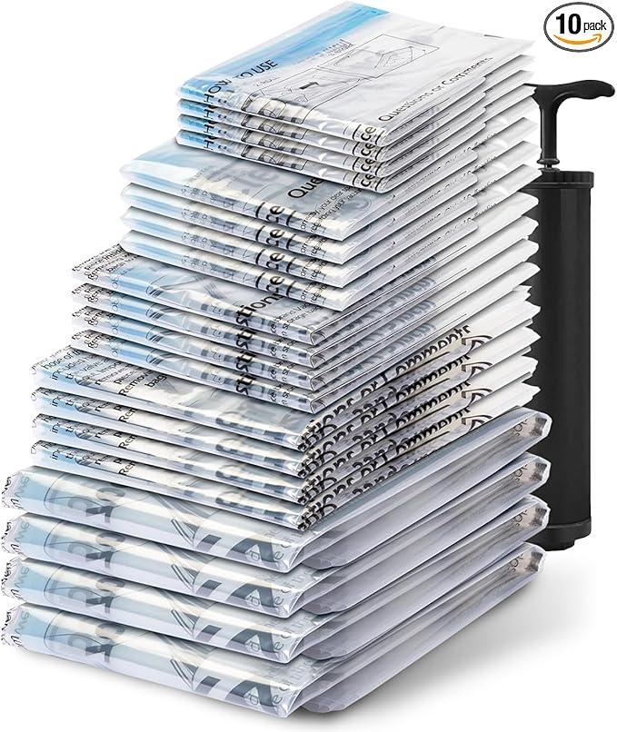 Vacuum Seal Bags for Clothing Travel – Space Saver Vacuum Storage Bags, Blanket & Clothes Storage Bags Vacuum Sealed – Hand Pump Included, Bags for Storing Clothes in Vacuum 10 Packs 