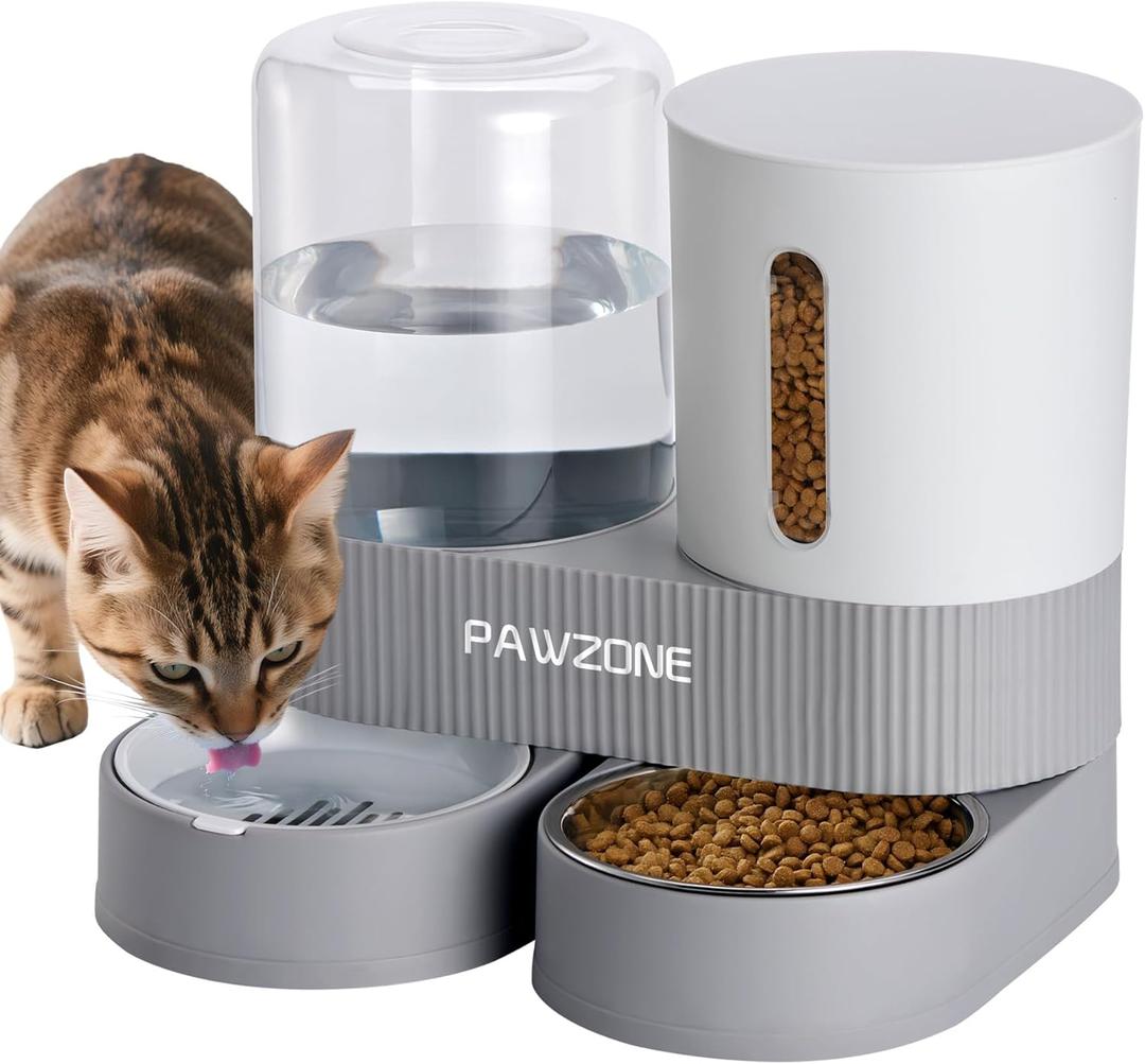 2 Pack Automatic Cat Feeder Stainless Steel Water Dispenser Gravity Food Feeder and Waterer Set with Pet Food Bowl for Small Medium Kitten Puppy Pets Large Capacity(Grey)