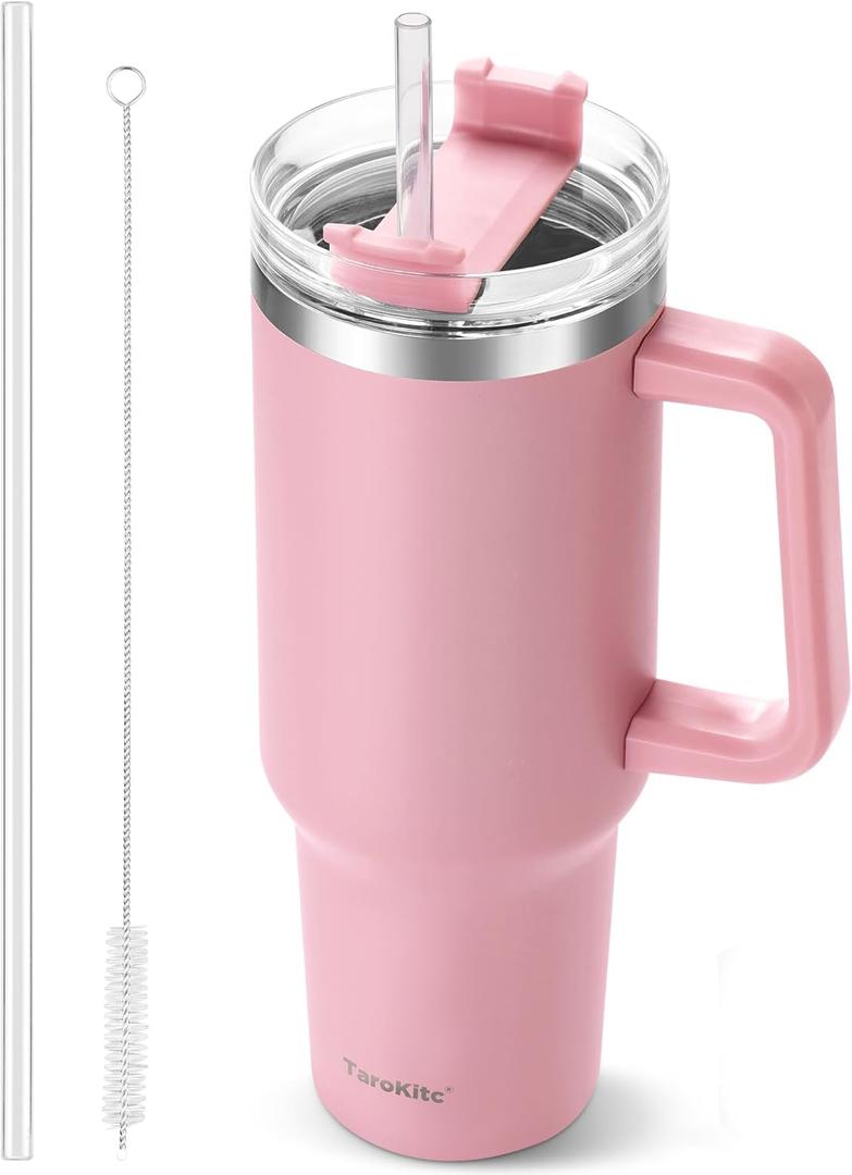 40 oz Tumbler with Handle and Straw, Pink Insulated Travel Mug Iced Coffee Cup, Reusable Stainless Steel Insulated Water Bottle, Keeps Drinks Cold for 34 Hours, Women Christmas Gifts for Mom Grandma