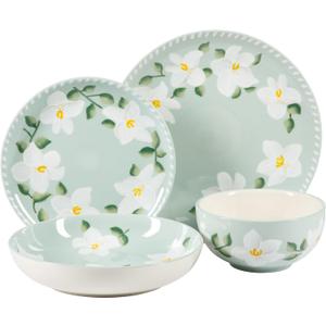 Bloomhouse Magnolia Bloom 16 Piece Double Bowl Hand Painted Stoneware Plates and Bowls Floral Dinnerware Set (Service for Four (16 Pcs)