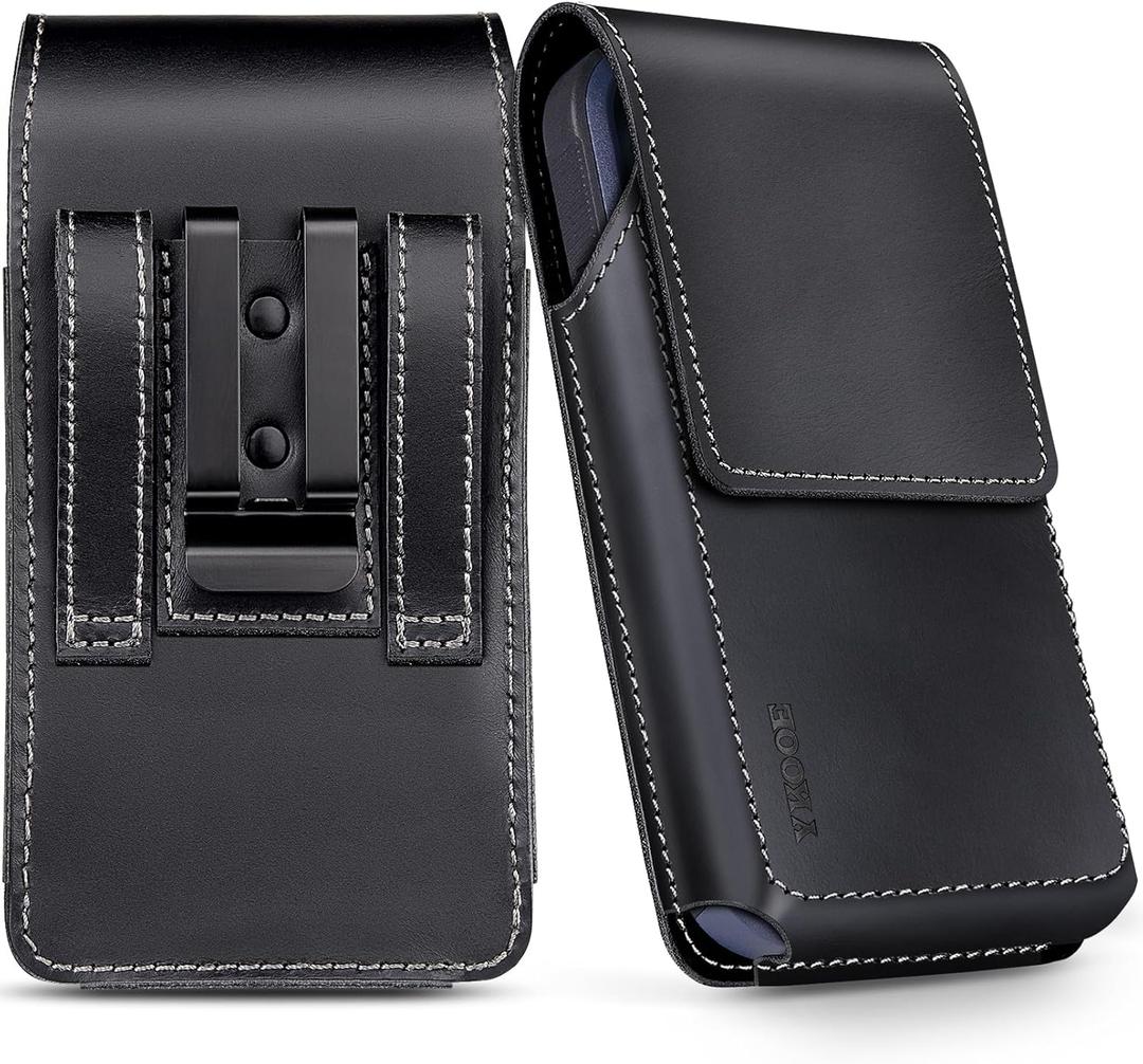 ykooe Genuine Leather Phone Holster Compatible with iPhone 17 16 15 14 13 12 & Pro Models, Galaxy S25 S24 S23 S22 -Belt Clip and Magnetic Closure, Black, L