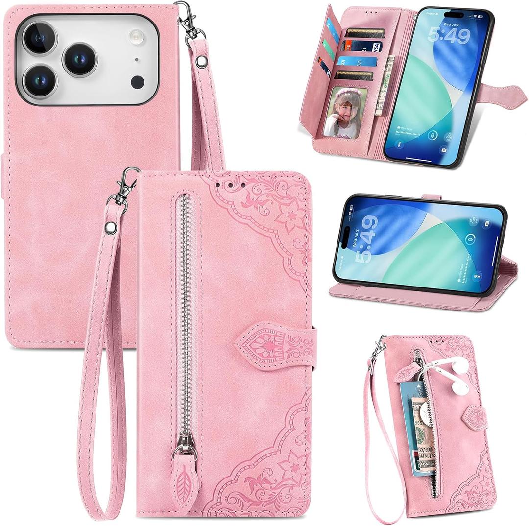 for iPhone 17 Pro Max Wallet Case with 7 Card Slots, Women Embossed Flower Folio Flip Retro PU Leather Zipper Cover with Kickstand & Wrist Strap for iPhone 17 Pro Max - SZY Pink