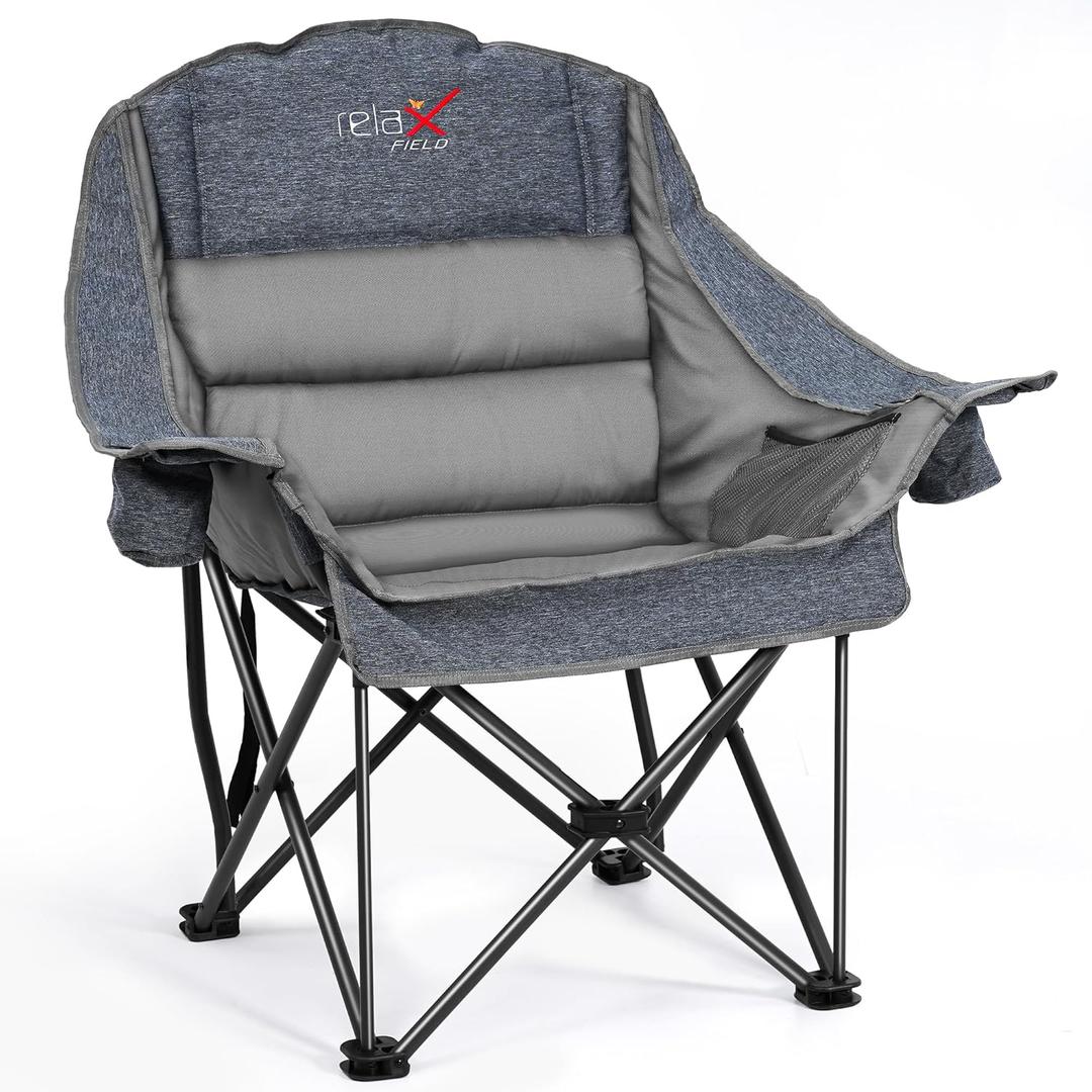 Oversized Camping Chair, Portable Folding Padded Camp Chairs with Side Pocket, Cup Holder, Heavy Duty Support 500LBS Outdoor Lounge Chair for Adults, Fishing, Sports, Trip, Grey, 1PCS