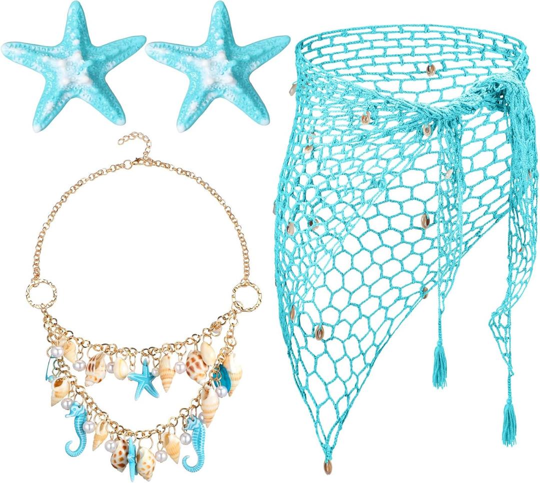 4 Pcs Mermaid Costume for Women Mermaid Crochet Skirt Swimwear Cover up Beach Necklace Starfish Hair Clip (Blue)