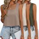 Huukeay 3 Pack Women's Linen Cropped Tank Tops Sleeveless Square Neck T-Shirts Loose Fit Casual Spring Beach Summer Tees(Medium,Light Khaki, Linen, Army Green)