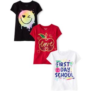 The Children's Place,Girls,School,Learning Short Sleeve Graphic T-Shirts,3 Pack (Paint Face/Love/First Day of School)