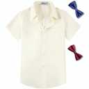 Aimehonpe Boys Short Sleeve Dress Shirts Solid Poplin Soft Stretch Fabrics with Two Bow Tie Set, Ivory, Large