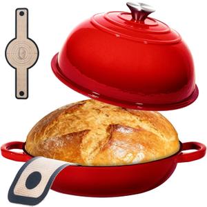 ONKO Dutch Oven For Sourdough Bread Baking, 6QT Enameled Cast Iron Dutch Oven Pot With Lid, Non-stick Sourdough Baking Pan with Bread Dome, Round Ceramic Dutch Ovens Pot with Cloche for Homemade (Red)