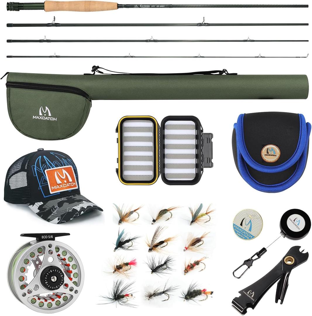 M MAXIMUMCATCH Maxcatch Extreme Fly Fishing Combo Kit, Starter Fly Rod and Reel Outfit, with a Protective Travel Case, 5wt 9‘0“ 4pc Rod,5/6 Reel
