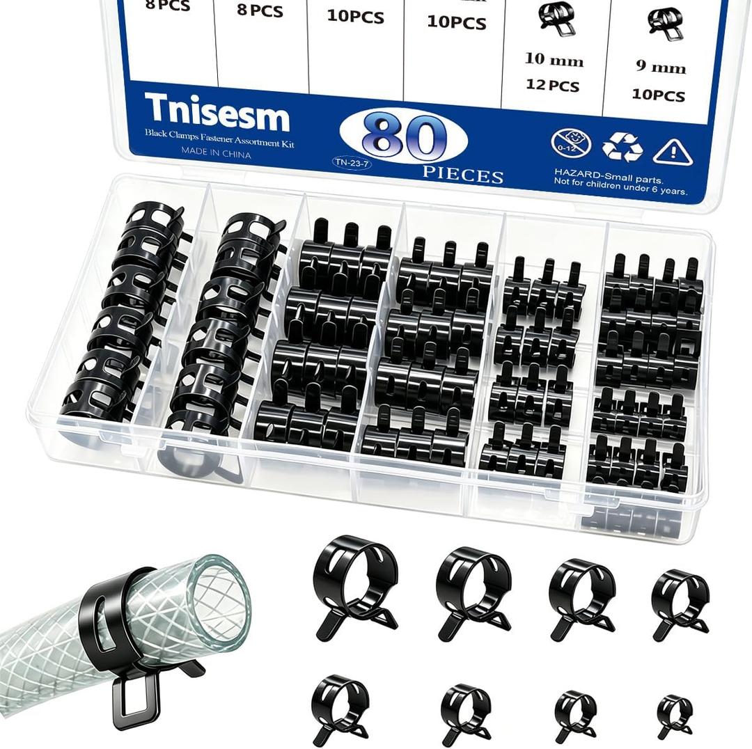 Tnisesm 80Pcs Spring Band Hose Clamps Assortment kits Silicone Vacuum Hose Pipe Clamp 7mm 9mm 10mm 11mm 14mm 15mm 16mm 18mm Low Pressure Air Clip Clamp(Black)