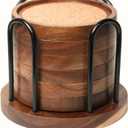 Wood Coasters for Drinks with Metal Holder, Wooden Coaster with Cork for Tabletop Protection, Drink Coasters for Coffee Table, 4.13 Inch, Set of 6 (Modern Coasters with Metal Holder)