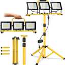 21000 Lumen LED Work Light with Stand -3 Head Portable Work Light 6500 Kelvin Color IP66 Waterproof Tripod Worklights for Job Site Workshop Garage Construction Site Lighting (3-Head)