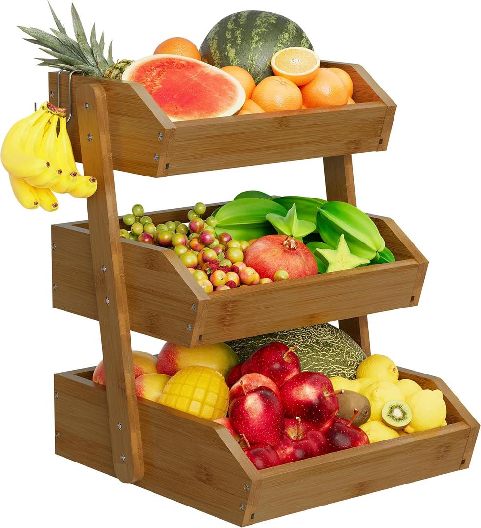 Hellojin 3 Tier Fruit Basket For Counter, Large Capacity Fruit Storage Countertop, Fruit Holder, Wooden Pantry Organizers and Storage, Kitchen Countertop Organizer With 2 Banana Hangers (Walnut)