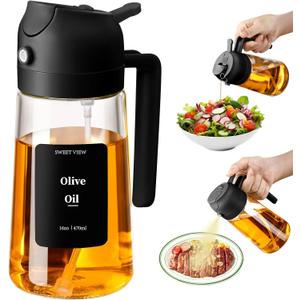 Olive Oil Sprayer for Cooking, 470ml 2 In 1 Glass Oil Dispenser/Pour Bottle, Kitchen Accessories, Kitchen Gadgets for Air Fryer, Salad, BBQ (Black)