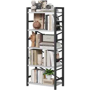 Homeiju Organization and Storage, 5 Tier Bookshelf, Tall Bookcase with Shelves, Wood and Metal Book Shelf Storage Organizer, Industrial Display Standing Shelf Unit for Bedroom, White