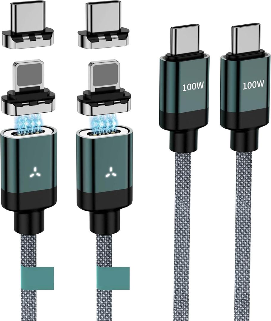 100W 2 in 1 Magnetic USB C Charging Cable [2-Pack, 4/6.6FT] 480Mbps Data Transfer, 5A C to C Cable Fast Charging for iPhone 16/15/14/13 Pro Max, MacBook Pro,iPad,Galaxy S22,Pixel (Green)