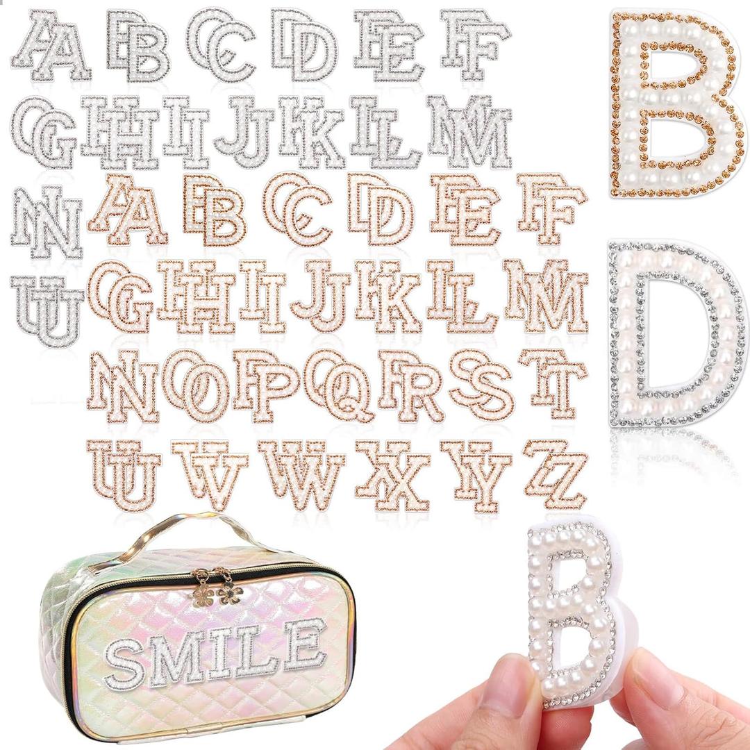 104Pcs Pearl Letter Patches Self Adhesive, 4Set 2Styles Rhinestone Pearl Stick on Letters, A-Z Bling Glitter Letters Patch Alphabet Applique Letter Stickers for DIY Clothes Bags Shoes (White, Gold)