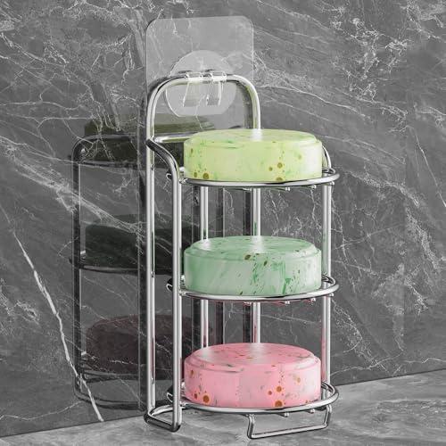 Silver 3-Tier Shower Soap Shampoo Bar Holder, Self Adhesive & Freestanding Draining Soap Dish Caddy for Bathroom Wall Accesories Decor