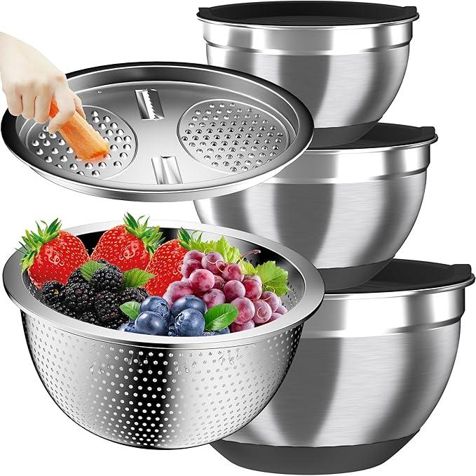 Mixing Bowls with Airtight Lids, Stainless Steel Mixing Bowl Set with 3 Nesting Kitchen Metal Bowls, Colander & Grater, Non-Slip Bottoms, Size 1.5, 2.5, 5 QT, Great for Mixing & Serving, Black