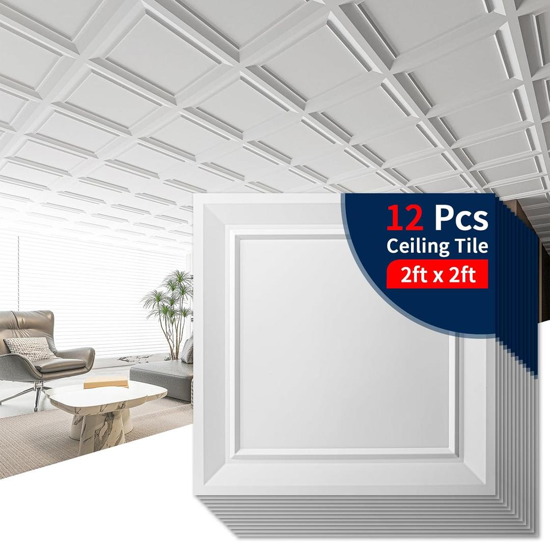 Art3dwallpanels Ceiling Tiles 24 x 24 Drop Ceiling Tiles, 12 Pack Drop in High Grade PVC Wall Panels, Fire Rated, Waterproof, Light Weight, Cover 48 Sq.Ft, White