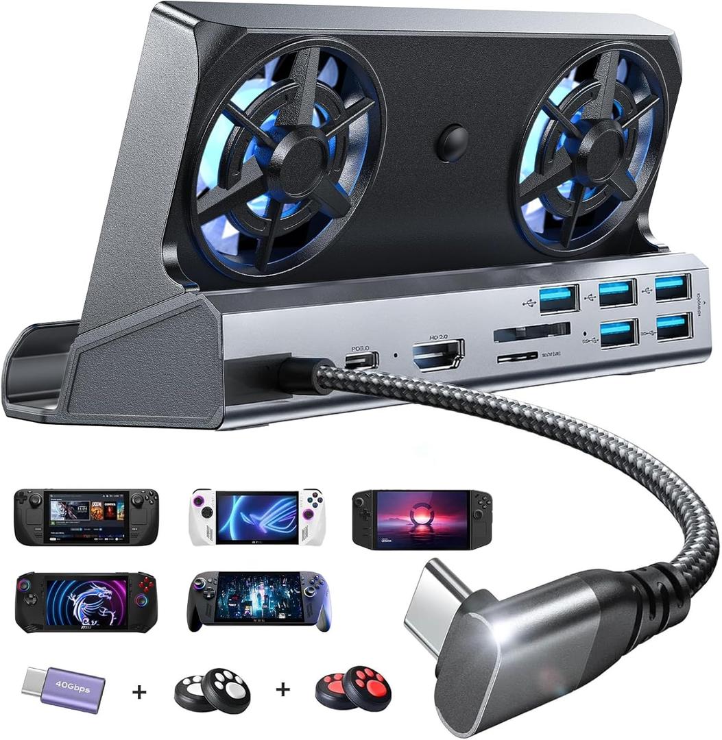 LISEN 10-IN-1 Docking Station for Steam Deck OLED&ROG Ally X&Legion Go, Dual Cooling Fan 5 USB Ports and 4K@60Hz, 100W Charging Port Support ROG Ally 30W Mode, Gigabit Ethernet Fit for Steam Deck OLED
