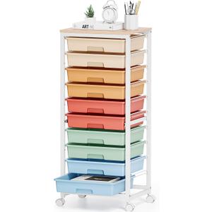 SYKIARIOL Rolling Cart with Drawers, 10 Drawer Rolling Cart, Storage Cart with Wheels, Utility Cart with Drawers, Teacher Cart for Classroom Storage, Craft Cart with Wheels and Wooden Tabletop, Rainbow