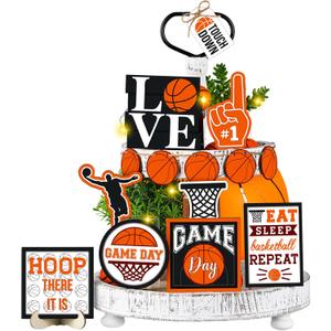 13 Pcs Basketball Tiered Tray Decor Wooden Basketball Table Centerpieces Decor Rustic Wooden Sport Game Sign for Fans Theme Party Supplies