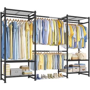 Raybee Clothes Rack, Heavy Duty Expandable Clothing Racks for Hanging Clothes, Adjustable Metal Closet Rack with 4 Rods & 6 Shelves, Freestanding Closet Wardrobe for Bedroom, Max Load 660lbs, Black